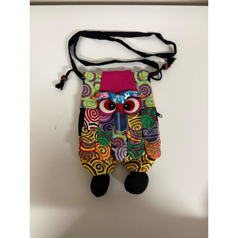Boho Patchwork Owl Crossbody Bag Multi Color Spiral Pattern Festival Pouch